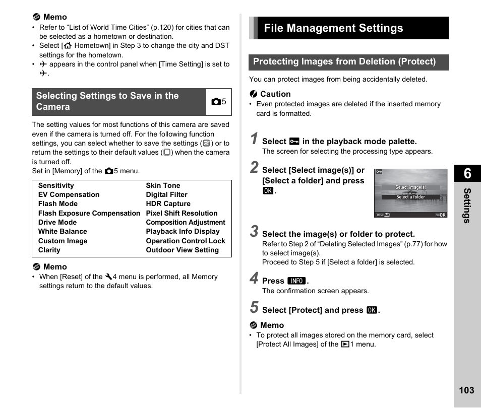 Selecting settings to save in the camera, File management settings, Protecting images from deletion (protect) | P.103, P.103) | Ricoh Pentax К-1 User Manual | Page 105 / 140