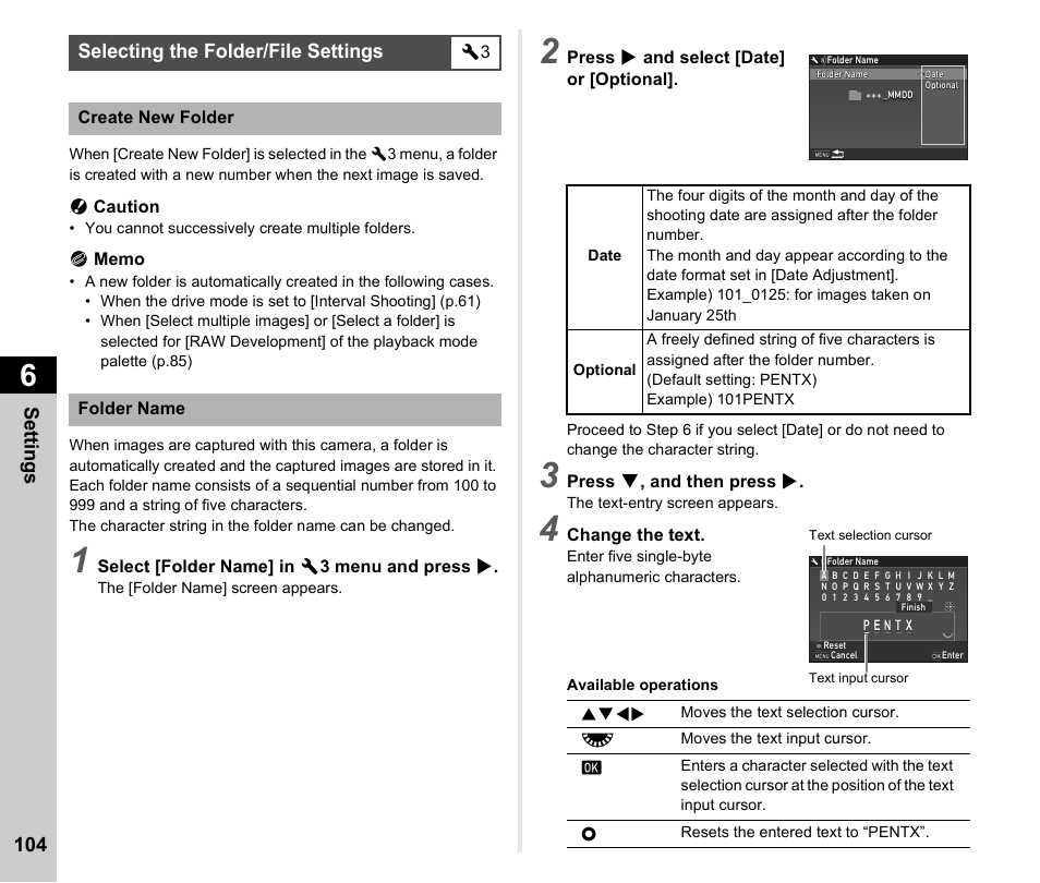 Selecting the folder/file settings, Er (p.104, P.104 | Se tting s 104 | Ricoh Pentax К-1 User Manual | Page 106 / 140