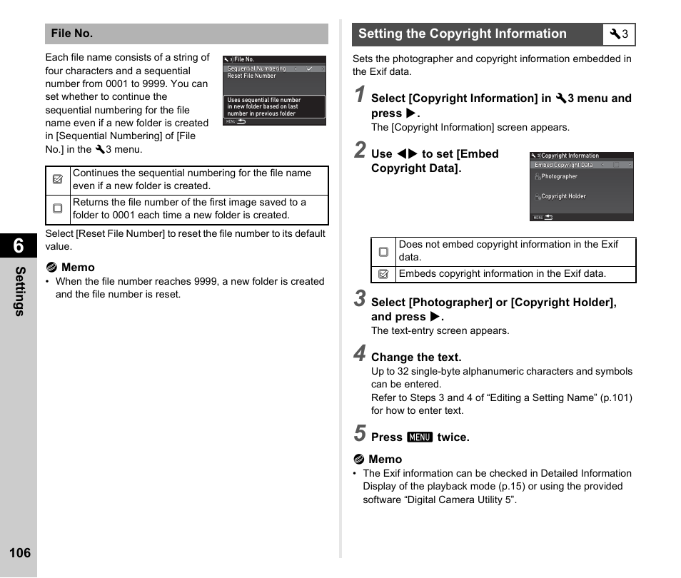 Setting the copyright information, P.106), P.106 | Ricoh Pentax К-1 User Manual | Page 108 / 140