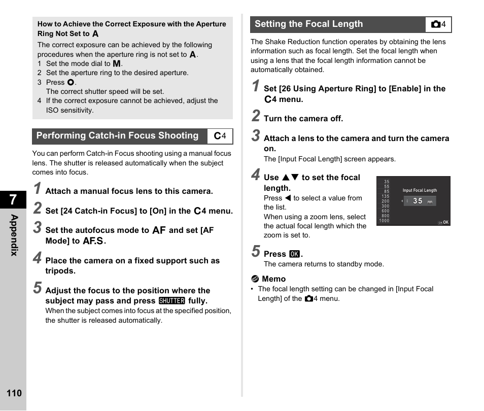 Performing catch-in focus shooting, Setting the focal length, P.110 | Ricoh Pentax К-1 User Manual | Page 112 / 140