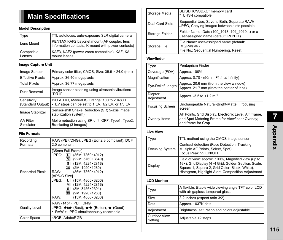 Main specifications, 115 appen d ix | Ricoh Pentax К-1 User Manual | Page 117 / 140