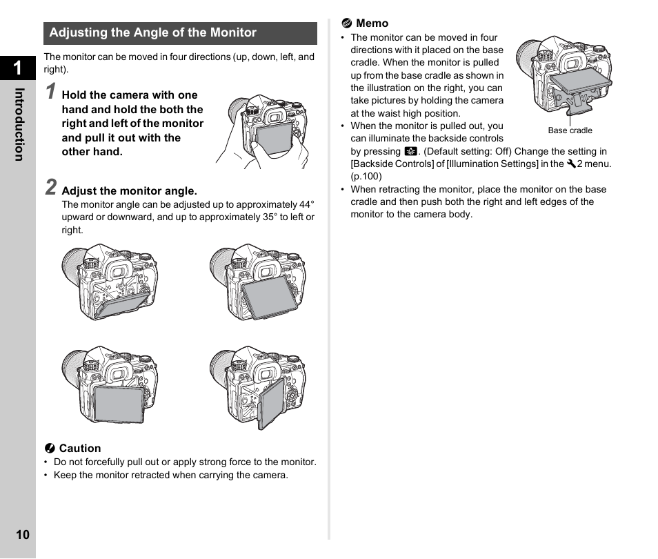 Adjusting the angle of the monitor | Ricoh Pentax К-1 User Manual | Page 12 / 140