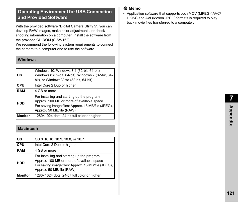 Operating environment for usb connection and, Provided software” (p.121) | Ricoh Pentax К-1 User Manual | Page 123 / 140