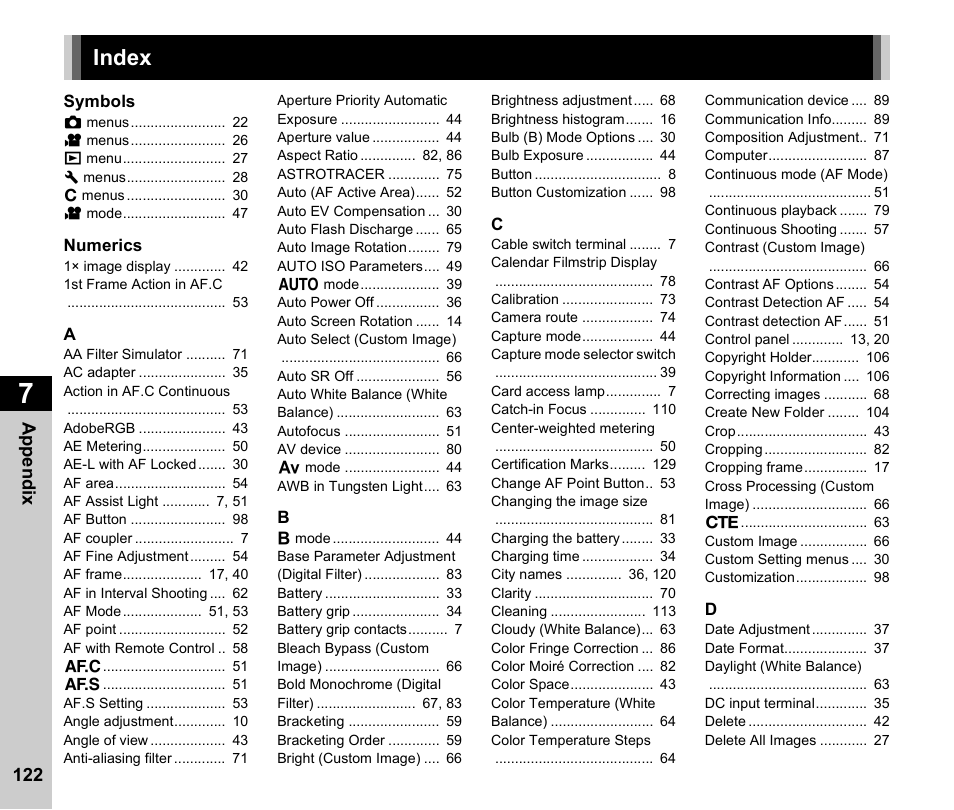 Index | Ricoh Pentax К-1 User Manual | Page 124 / 140