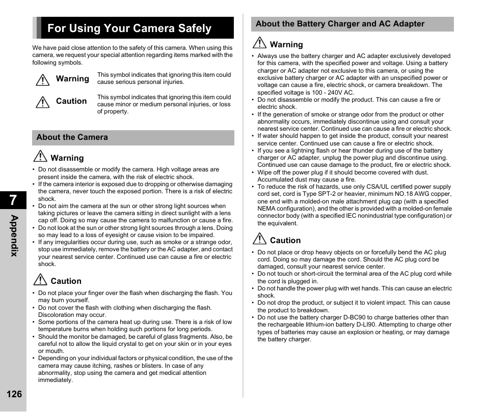 For using your camera safely, Appen d ix 126 | Ricoh Pentax К-1 User Manual | Page 128 / 140