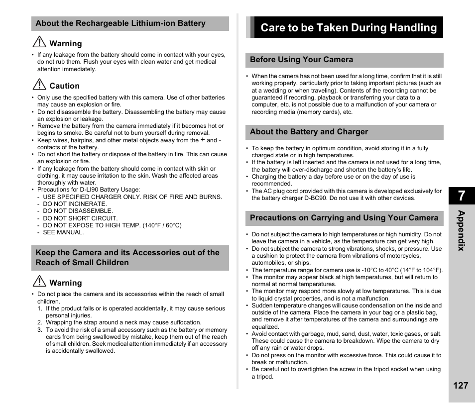 Care to be taken during handling, Care to be taken during handling ............p.127, Appen d ix 127 | Ricoh Pentax К-1 User Manual | Page 129 / 140