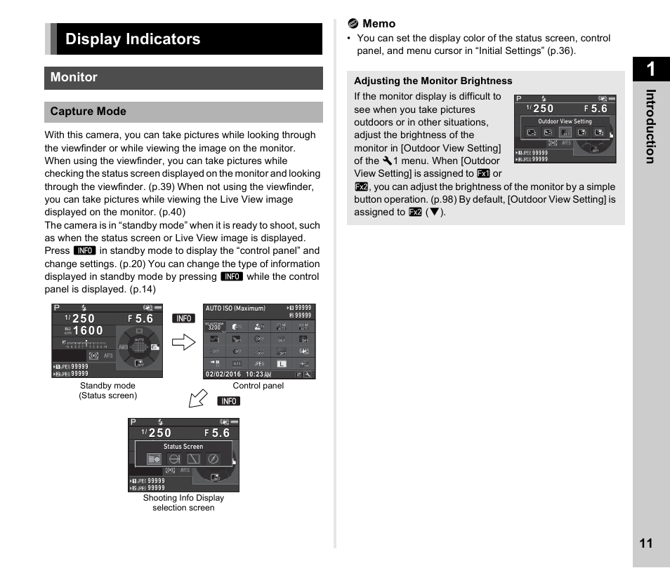 Display indicators, Monitor, P.11, p | Ricoh Pentax К-1 User Manual | Page 13 / 140