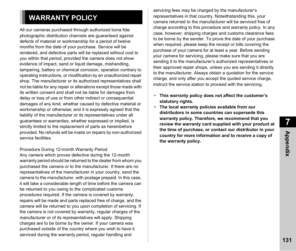 Warranty policy | Ricoh Pentax К-1 User Manual | Page 133 / 140