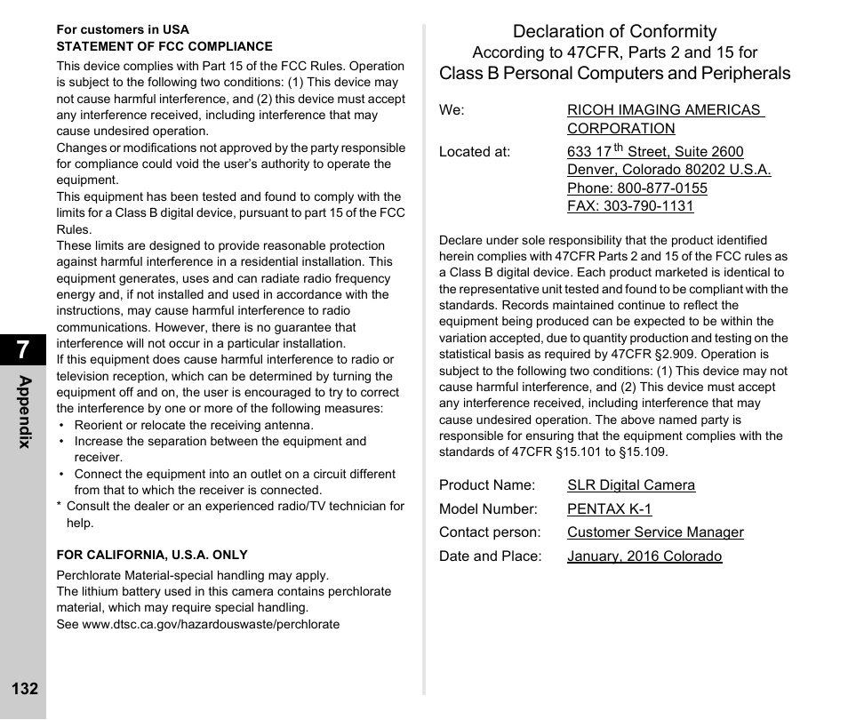 Declaration of conformity, Class b personal computers and peripherals | Ricoh Pentax К-1 User Manual | Page 134 / 140