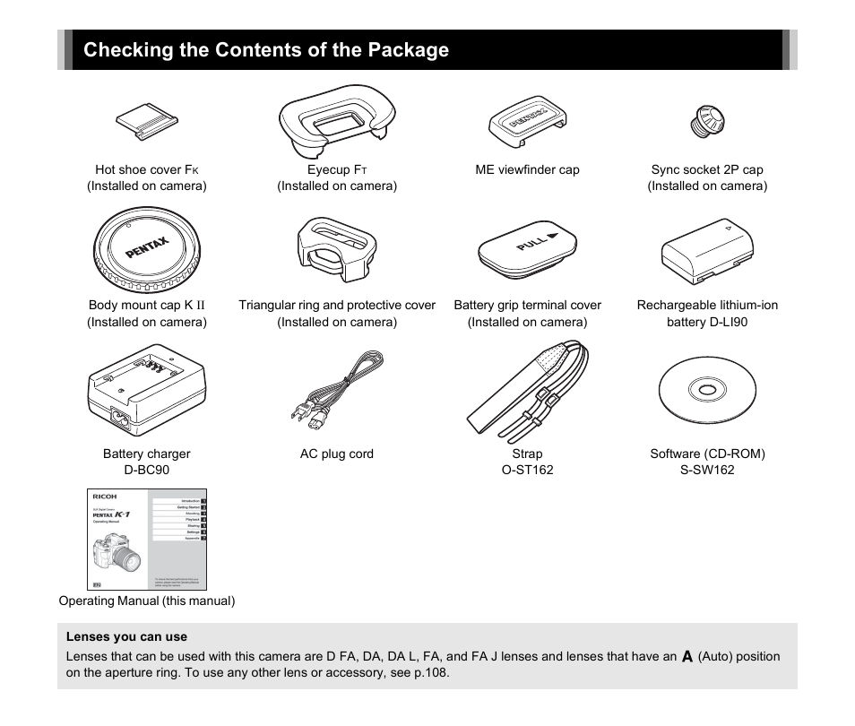 Checking the contents of the package | Ricoh Pentax К-1 User Manual | Page 2 / 140