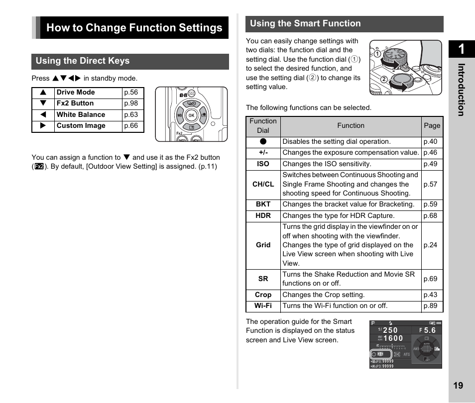 How to change function settings, Using the direct keys, Using the smart function | How to change function settings .............p.19, Using the direct keys using the smart function, P.19), P.19 | Ricoh Pentax К-1 User Manual | Page 21 / 140