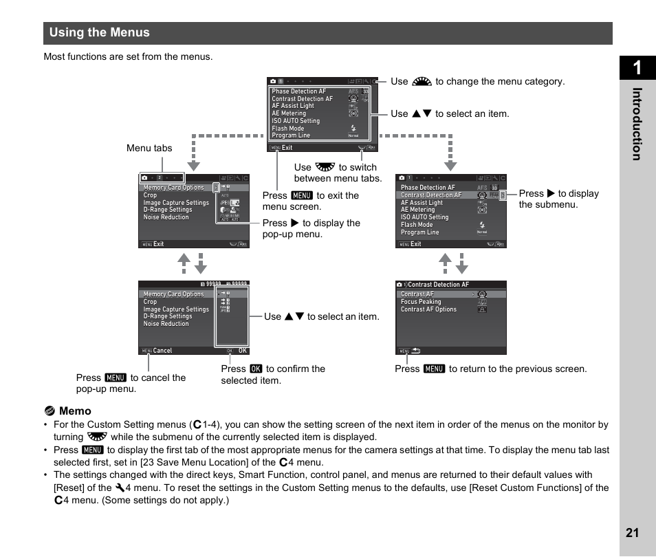Using the menus, P.21), D. (p.21 | P.21, 21 in troduc tion | Ricoh Pentax К-1 User Manual | Page 23 / 140