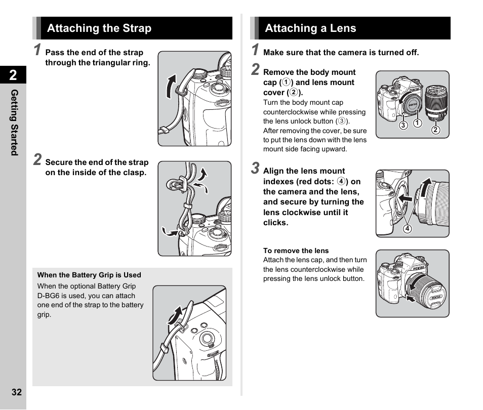 Getting started, Attaching the strap, Attaching a lens | P.32, Attaching the strap attaching a lens | Ricoh Pentax К-1 User Manual | Page 34 / 140