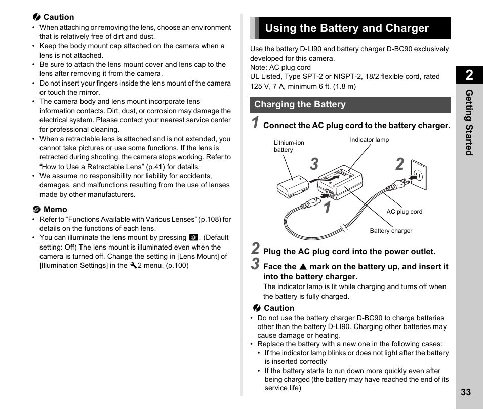 Using the battery and charger, Charging the battery | Ricoh Pentax К-1 User Manual | Page 35 / 140