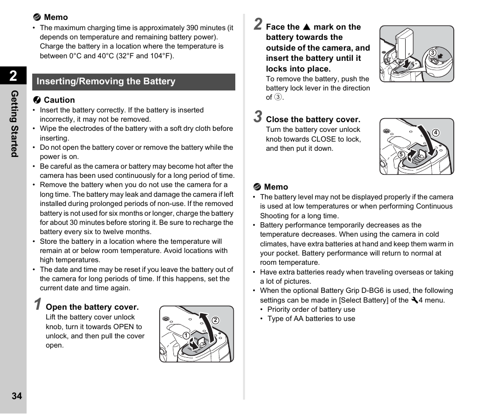 Inserting/removing the battery, P.34 | Ricoh Pentax К-1 User Manual | Page 36 / 140