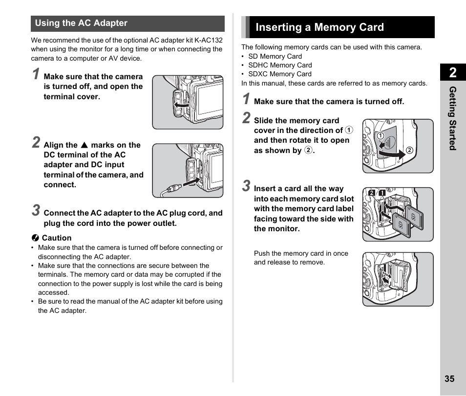 Using the ac adapter, Inserting a memory card | Ricoh Pentax К-1 User Manual | Page 37 / 140