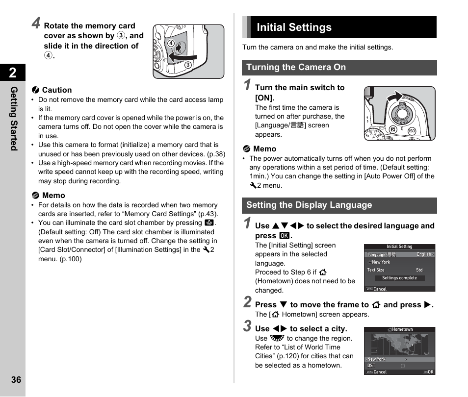 Initial settings, Turning the camera on, Setting the display language | Turning the camera on setting the display language, P.36, p, Initial settings” (p.36), P.36, Getting started 36 | Ricoh Pentax К-1 User Manual | Page 38 / 140