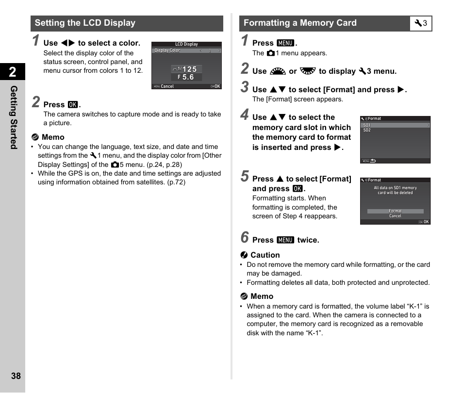 Setting the lcd display, Formatting a memory card, Setting the lcd display formatting a memory card | P.38, P.38) | Ricoh Pentax К-1 User Manual | Page 40 / 140