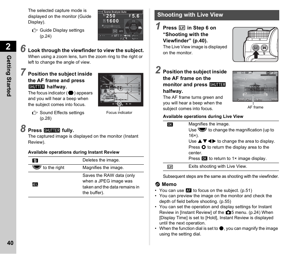 Shooting with live view, S. (p.40), P.40) | R. (p.40, E (p.40), P.40 | Ricoh Pentax К-1 User Manual | Page 42 / 140