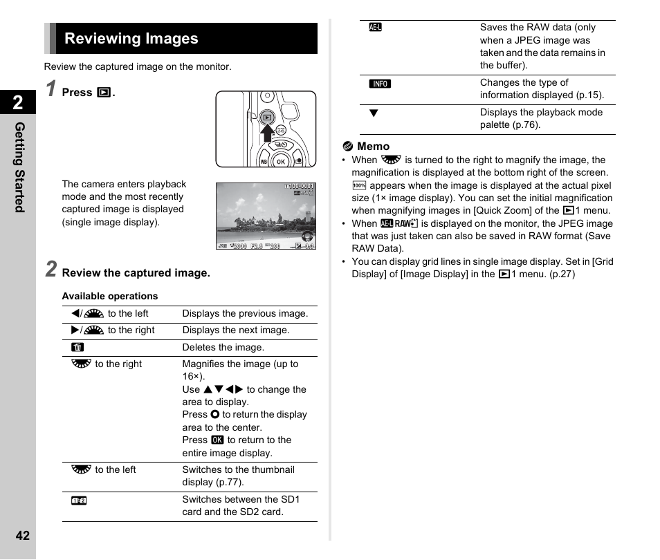 Reviewing images, P.42), P.42 | Getting started 42 | Ricoh Pentax К-1 User Manual | Page 44 / 140