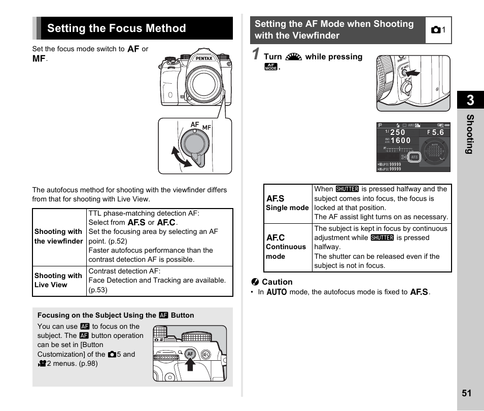 Setting the focus method, P.51), P.51 | De (p.51 | Ricoh Pentax К-1 User Manual | Page 53 / 140