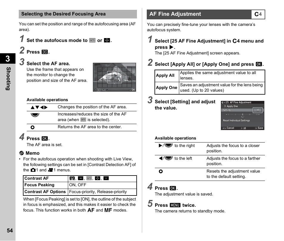 Af fine adjustment, Ng (p.54, P.54 | Ricoh Pentax К-1 User Manual | Page 56 / 140