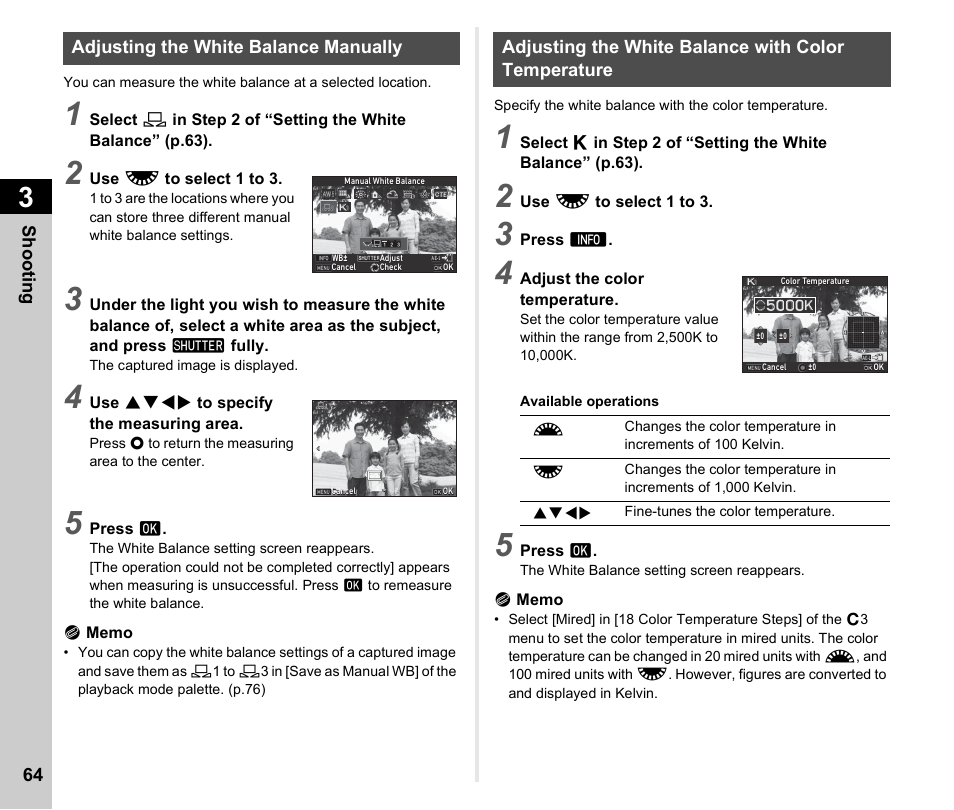 Adjusting the white balance manually, Adjusting the white balance with color temperature, P.64 | Ricoh Pentax К-1 User Manual | Page 66 / 140