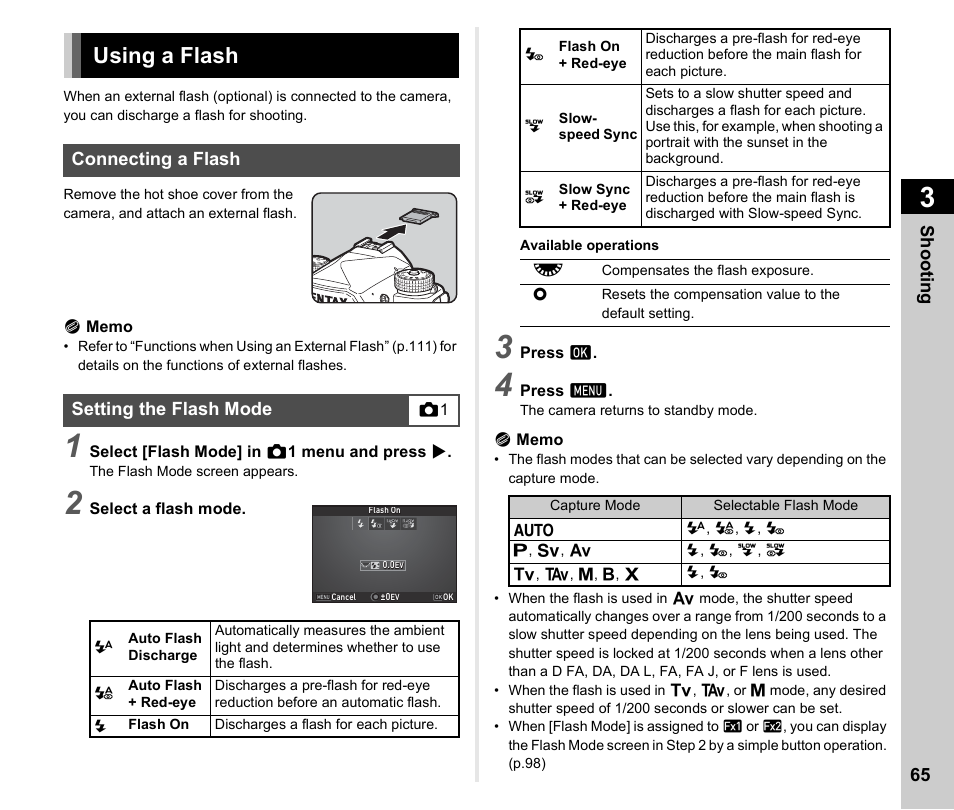 Using a flash, Connecting a flash, Setting the flash mode | Connecting a flash setting the flash mode, P.65), P.65 | Ricoh Pentax К-1 User Manual | Page 67 / 140