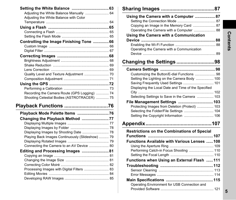 Playback functions, Sharing images, Changing the settings | Appendix | Ricoh Pentax К-1 User Manual | Page 7 / 140