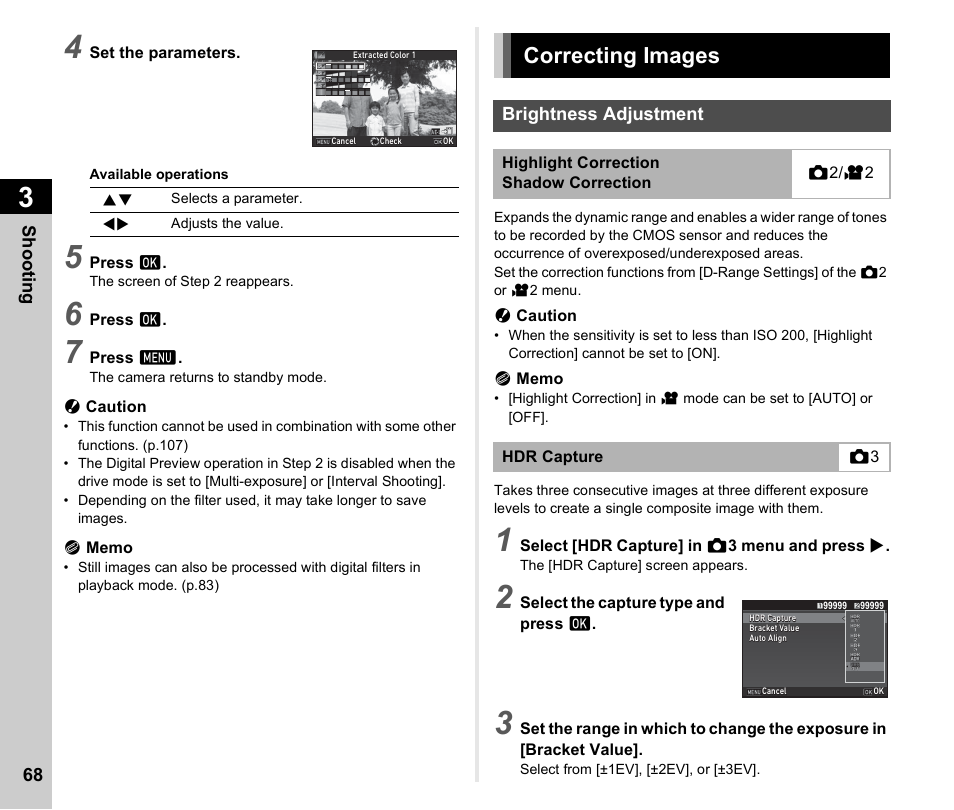 Correcting images, Brightness adjustment, P.68)/p | P.68), P.68 | Ricoh Pentax К-1 User Manual | Page 70 / 140