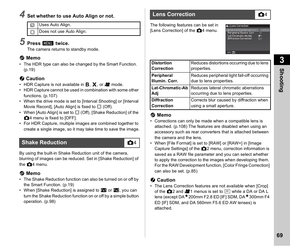 Shake reduction, Lens correction, Shake reduction lens correction | N (p.69), P.69), P.69 | Ricoh Pentax К-1 User Manual | Page 71 / 140