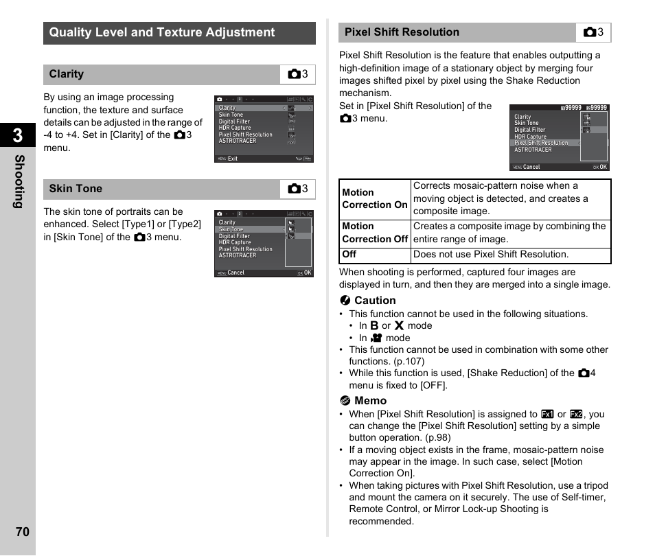 Quality level and texture adjustment, Ty (p.70), P.70) | P.70)/s, P.70, Shoo ting 70, Ucaution, Clarity a 3 skin tone a 3, Pixel shift resolution a 3 | Ricoh Pentax К-1 User Manual | Page 72 / 140