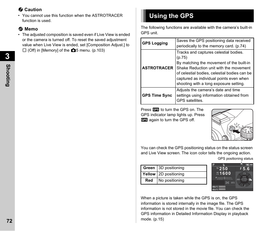 Using the gps, P.72, P.72) | Shoo ting 72 | Ricoh Pentax К-1 User Manual | Page 74 / 140