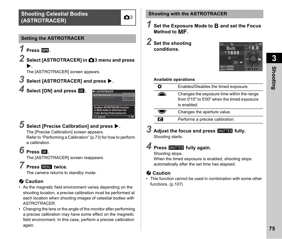 Shooting celestial bodies (astrotracer), P.75, P.75) | Ricoh Pentax К-1 User Manual | Page 77 / 140