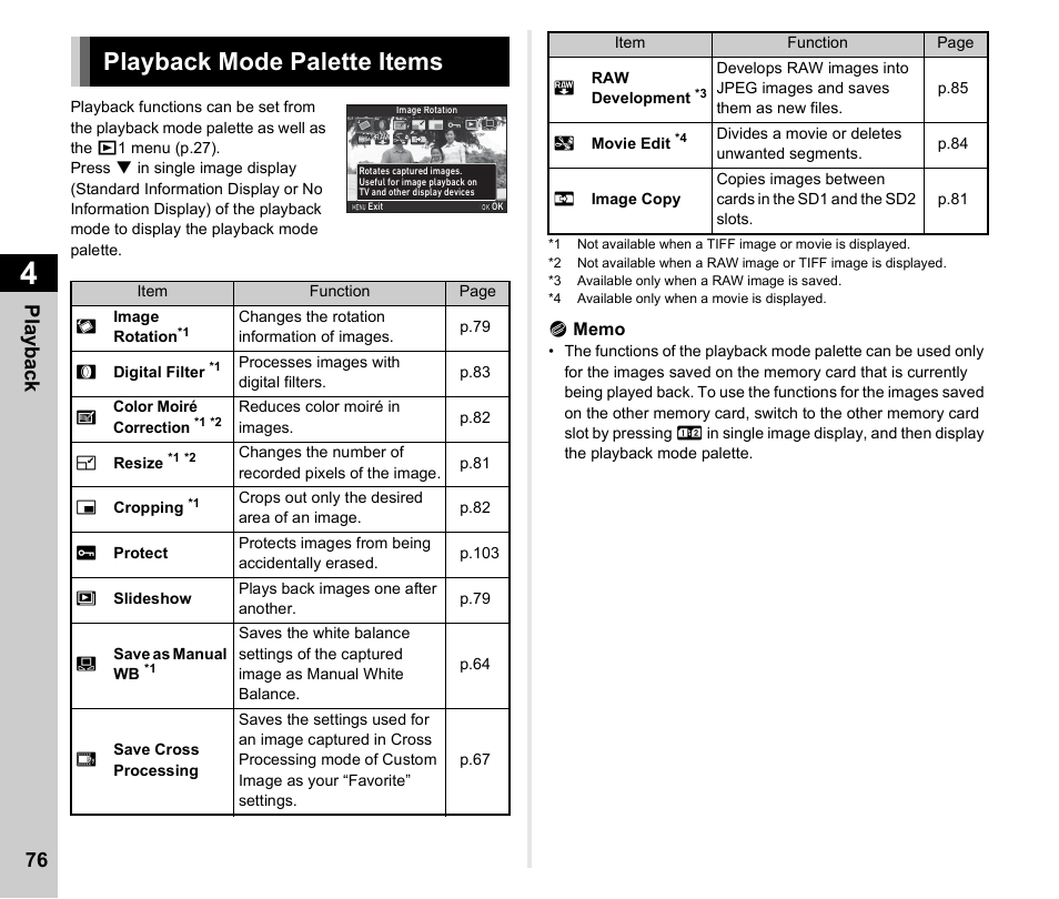 Playback functions, Playback mode palette items, Playback | P.76, Tte. (p.76, E (p.76), Pla y ba ck 76 | Ricoh Pentax К-1 User Manual | Page 78 / 140