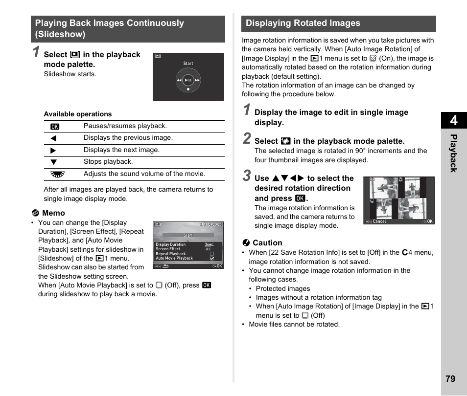 Playing back images continuously (slideshow), Displaying rotated images, P.79) | P.79, Pla y ba ck 79 | Ricoh Pentax К-1 User Manual | Page 81 / 140