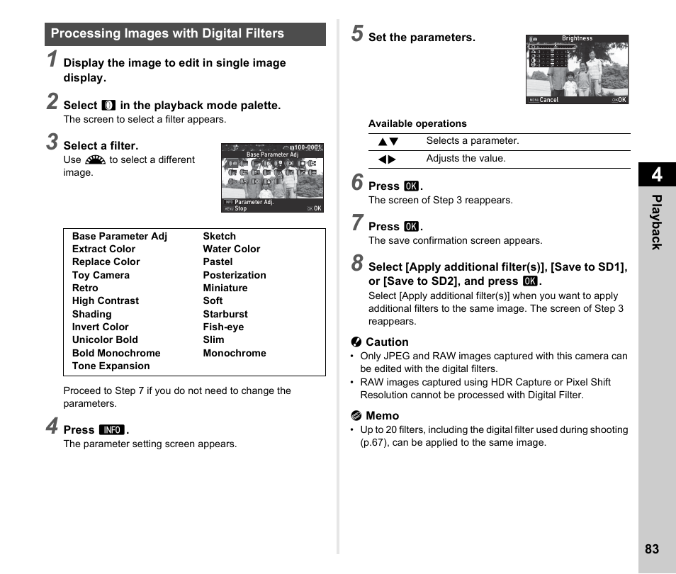 Processing images with digital filters, P.83 | Ricoh Pentax К-1 User Manual | Page 85 / 140