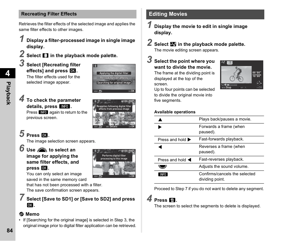 Editing movies, P.84, Pla y ba ck 84 | Ricoh Pentax К-1 User Manual | Page 86 / 140