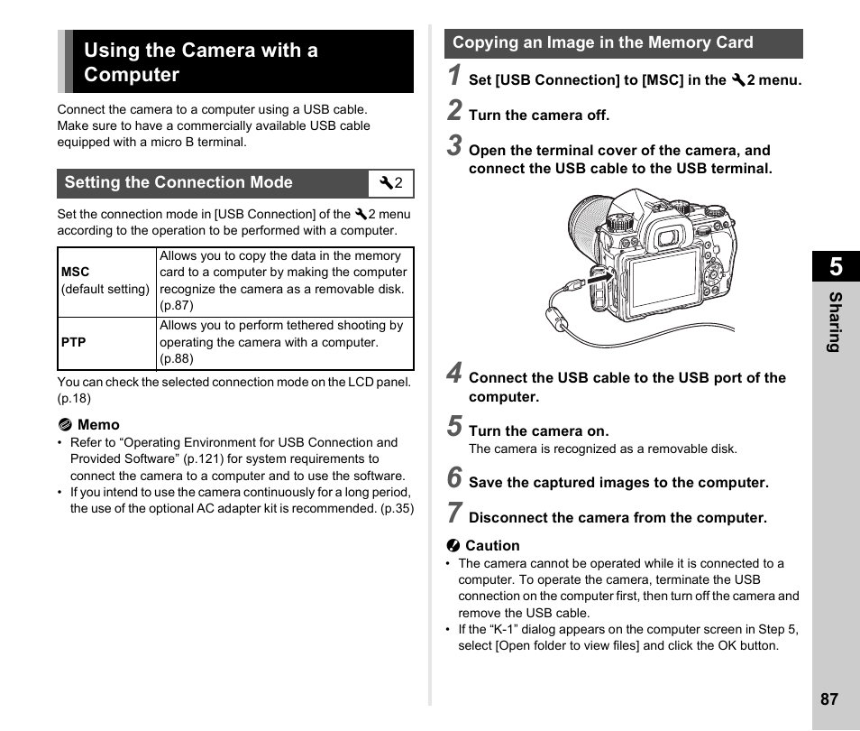 Sharing images, Using the camera with a computer, Setting the connection mode | Copying an image in the memory card, Sharing, Using the camera with a computer ...........p.87, P.87, P.87) | Ricoh Pentax К-1 User Manual | Page 89 / 140