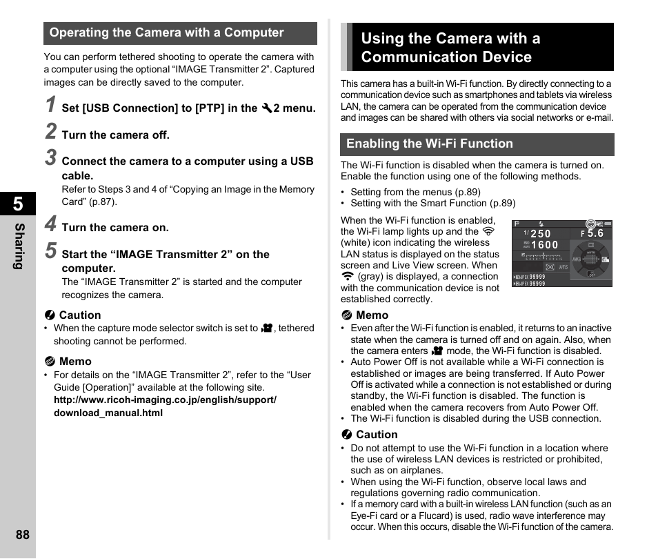 Operating the camera with a computer, Using the camera with a communication device, Enabling the wi-fi function | P.88) | Ricoh Pentax К-1 User Manual | Page 90 / 140