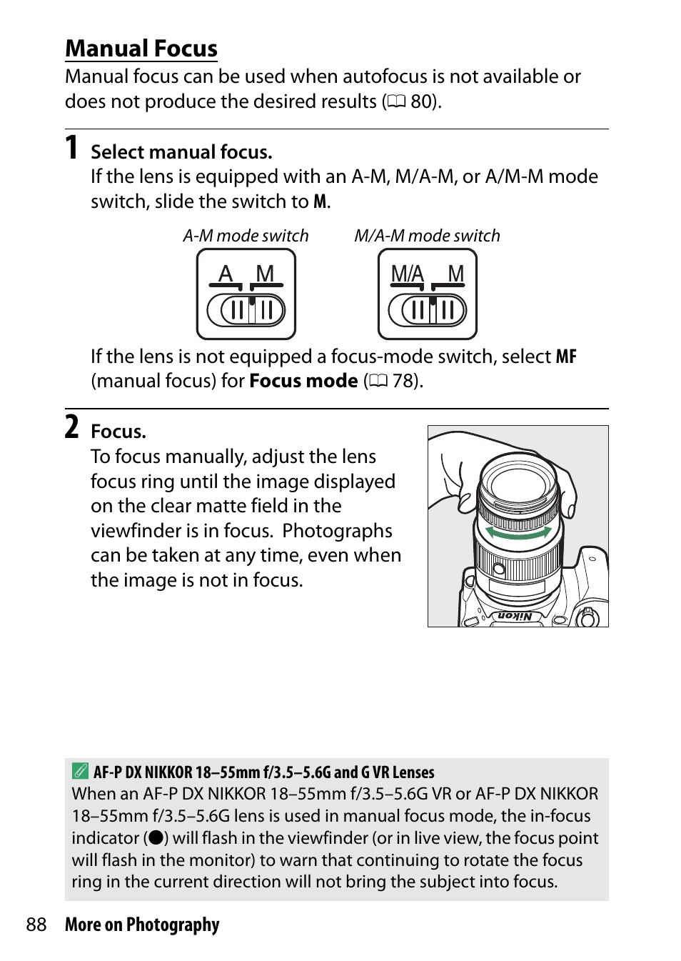 Manual focus | Nikon D5500 User Manual | Page 112 / 436