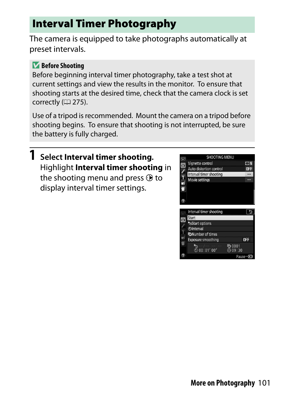 Interval timer photography | Nikon D5500 User Manual | Page 125 / 436