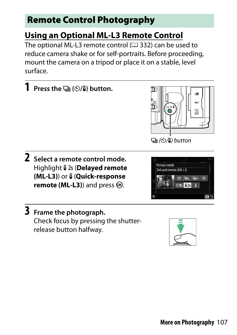 Remote control photography, Using an optional ml-l3 remote control | Nikon D5500 User Manual | Page 131 / 436