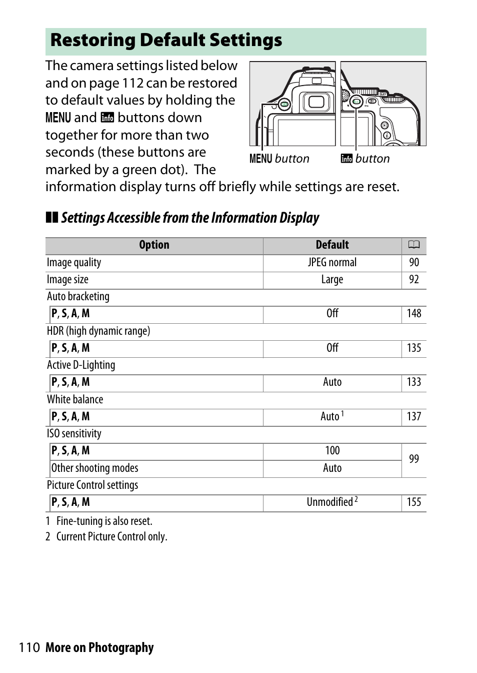 Restoring default settings, Settings accessible from the information display | Nikon D5500 User Manual | Page 134 / 436