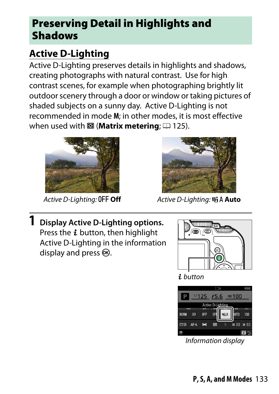 Preserving detail in highlights and shadows, Active d-lighting | Nikon D5500 User Manual | Page 157 / 436