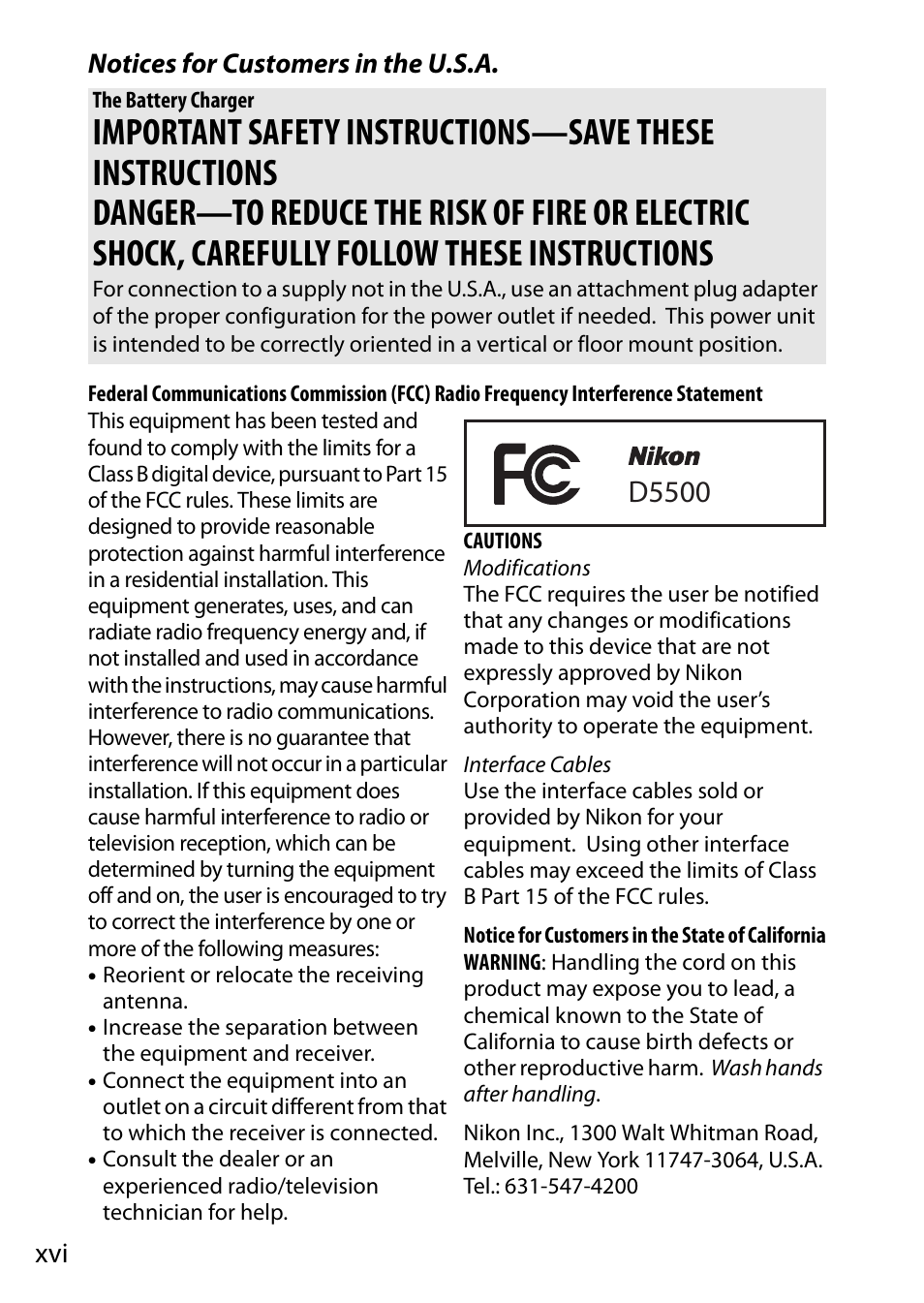 D5500, Xvi notices for customers in the u.s.a | Nikon D5500 User Manual | Page 18 / 436