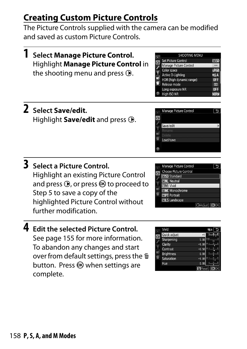 Creating custom picture controls | Nikon D5500 User Manual | Page 182 / 436