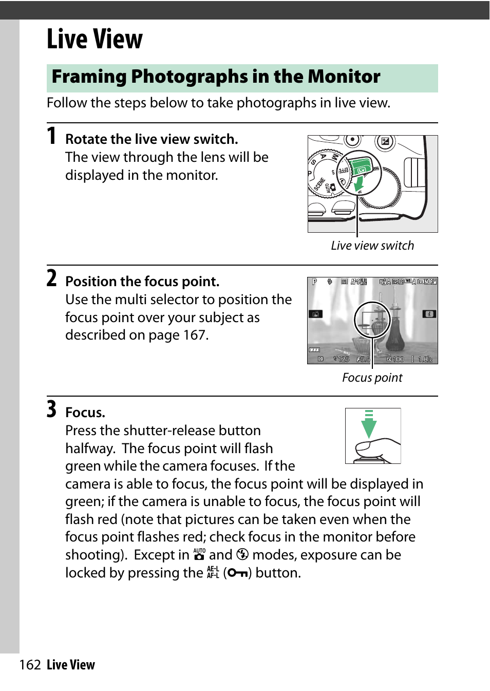 Live view, Framing photographs in the monitor | Nikon D5500 User Manual | Page 186 / 436