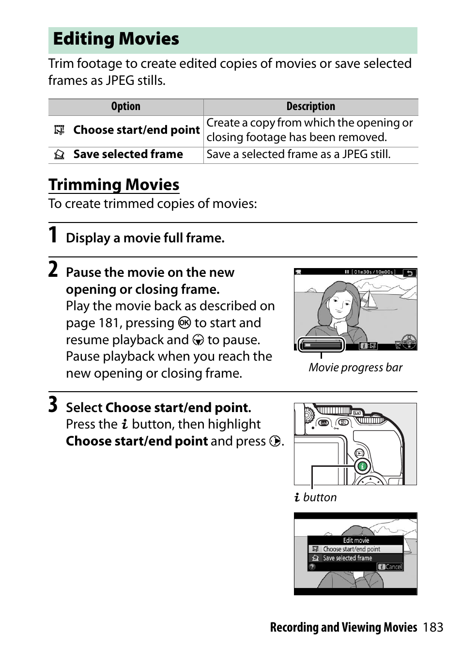 Editing movies, Trimming movies | Nikon D5500 User Manual | Page 207 / 436