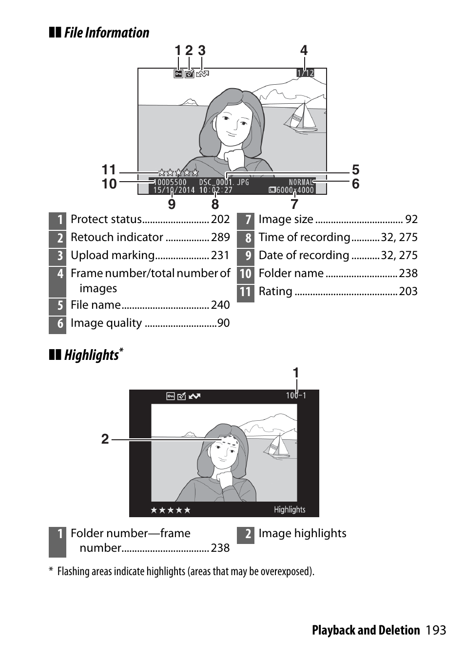 File information ❚❚ highlights | Nikon D5500 User Manual | Page 217 / 436